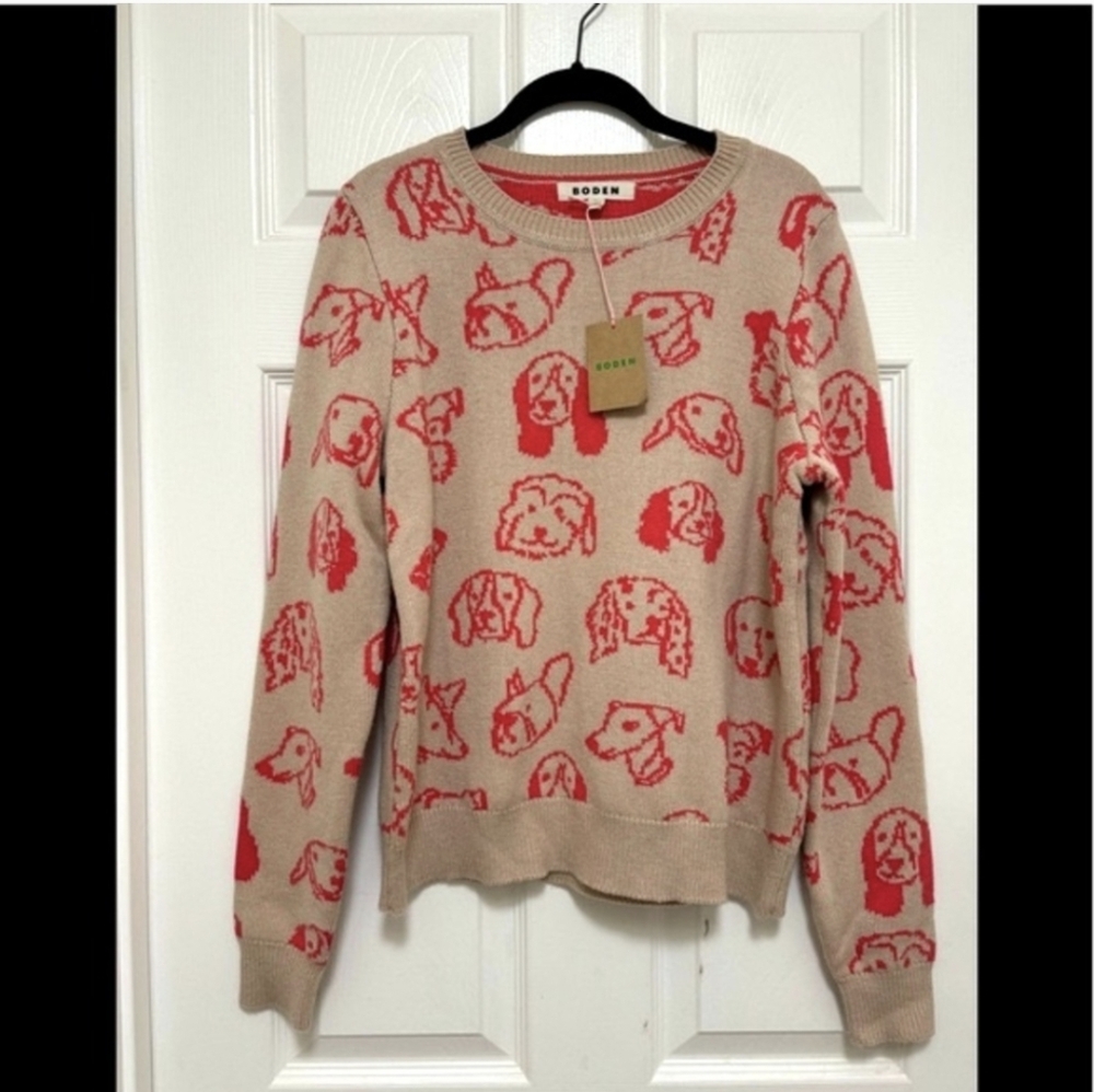 Boden Beige & Red Dog-Print Crewneck Sweater